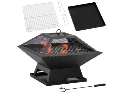 Zahradní ohnivý koš Outsunny s roštem a ochranou proti jiskrám, ocelově černý 45x45x34cm, včetně pohrabáče pro příjemné večery | Aosom.de