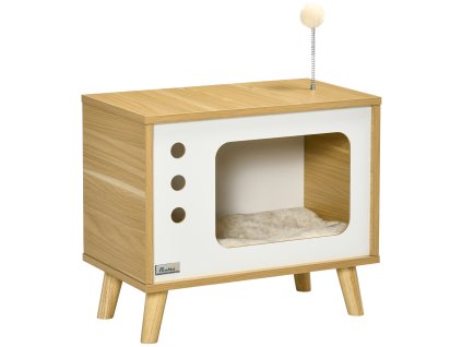 Domeček pro kočky PawHut v TV designu, míček a polštářek v ceně, koš pro kočky, dub/béžová/bílá, 50x28x43cm| Aosom