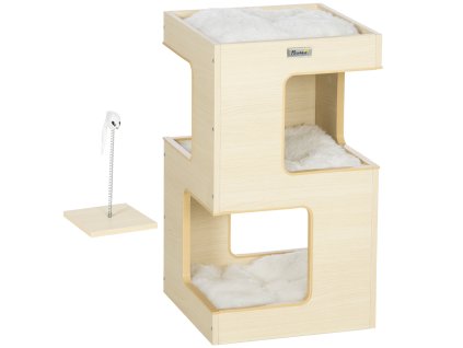 PawHut cat cave třípatrová skříňka pro kočky vnitřní domeček pro kočky s polštáři a hračkami z dubového dřeva 34x34x60 cm pro milovníky koček | Aosom.de