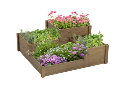Vyvýšený zeleninový záhon Outsunny se 3 schůdky, truhlík na bylinky, jedlové dřevo, hnědá barva, 122x122x51 cm, na terasu a balkon | Aosom.de