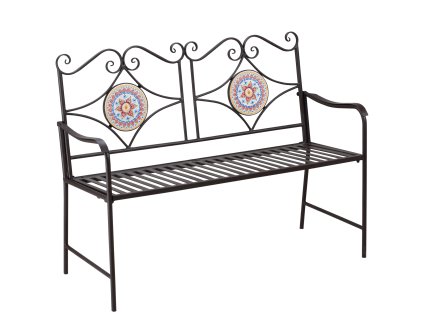 Zahradní lavička Outsunny kovová 2místná lavička s opěradlem a područkami, lavička s mozaikovými kamínky, max. 220 kg, hnědá, 121 x 52 x 93 cm | Aosom.de