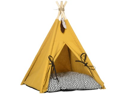 PawHut kočičí domeček teepee stan pro psy s polštářem, protiskluzový, s míčkem na hraní, z borovicového dřeva, vnitřní, žlutý| Aosom