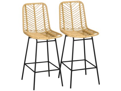 Barová židle HOMCOM, sada 2 kusů s opěradlem, barová židle v ratanovém vzhledu, kuchyňská židle v boho designu, robustní ocelové stoličky, žlutá | Aosom.de