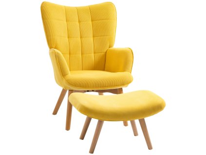 HOMCOM polohovatelné křeslo lounge wing chair s taburetem ve žluté barvě, křeslo s dřevěnými nohami, vzhled šňůry pro příjemné posezení | Aosom.de