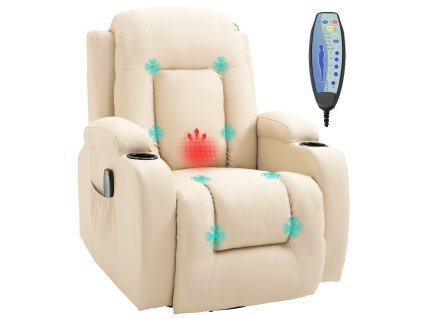 HOMCOM Elektrické polohovací křeslo, 150° náklon, s funkcí polohování, 8 vibračních bodů, podnožka, imitace kůže, 85 x 94 x 104 cm, krémově bílá | Aoso