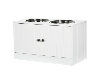 PawHut misky pro psy, vyvýšená krmicí stanice se 2 nerezovými miskami, stojan na misky pro psy s úložným prostorem o objemu 44 l, magnetická dvířka, miska na krmivo, miska na vodu, bílá |