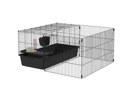 Bouda PawHut pro malá zvířata s výběhem, 112,5L x 99W x 54H cm, s lahví na vodu, krmítkem, miskou na krmení, pro malá zvířata, ocel, černá | Aosom