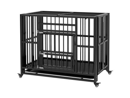 PawHut klec pro psy box pro psy s dvojitými dvířky bouda pro psy, kolečka, psí bouda, ocel, černá, 94 x 58 x 78 cm | Aosom