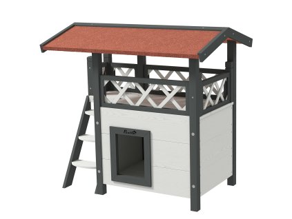 Dvoupatrový domek pro kočky PawHut s asfaltovou střechou a balkonem, vila pro kočky se schody z masivního dřeva, bílá, 77 x 50 x 73 cm | Aosom.de