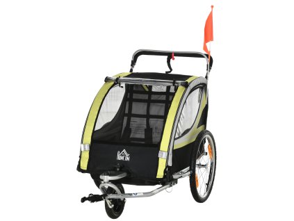 HOMCOM Dětský cyklistický přívěs 2 v 1 s odpružením, síťované dveře, přední kolo otočné o 360°, brzda, žlutá+černá, 142x75x101cm| Aosom