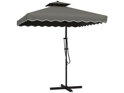 Slunečník Outsunny 243x243cm, balkonový slunečník s UV ochranou, konzolový slunečník s dvojitou stříškou a křížovým podstavcem, kudrlinky, 4 vzpěry, tmavě šedý| Aosom