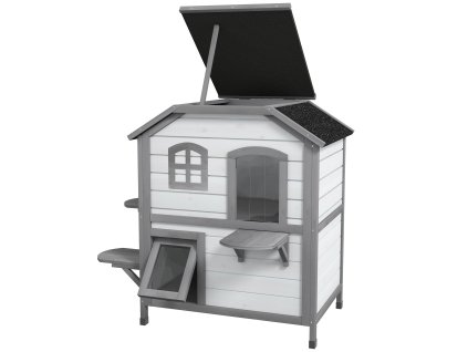 Dřevěný domek pro kočky PawHut, venkovní domek pro kočky se schody, 2 patra, domek pro malá zvířata pro kočky do 4,5 kg, bílý, 78 x 55,5 x 91 cm | Aosom