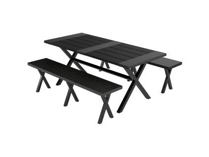 Outsunny pivní stanový set 3-dílný stůl se 2 lavicemi a otvorem na slunečník vzhled dřeva 180x80x73cm černý pro terasu a balkon | Aosom.de