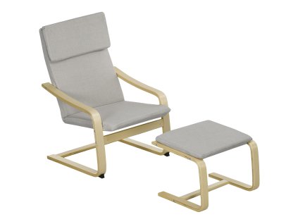 HOMCOM sada 2 lounge křesel s taburetem a područkou, opěrka hlavy, lněný potah, polyesterový polštář na nohy, eukalyptus, světle šedá 66,5 x 80 x 99 cm | Aosom.de