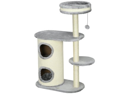 Škrabadlo PawHut pro kočky se 2 jeskyněmi, sisalovými provazy, několika plošinami, měkkým plyšem a míčkem, šedé, 59x35x100 cm | Aosom.de