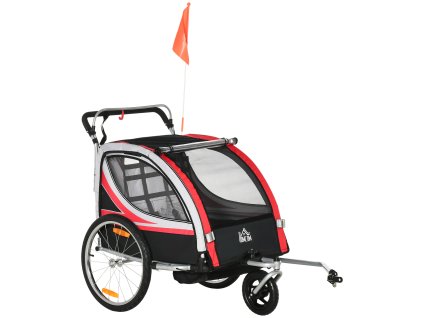 Dětský přívěs na kolo HOMCOM 2 v 1 s odpružením, síťovanými dvířky, předním kolem otočným o 360° a brzdou, červeno-černý, 142x75x101cm | Aosom.de
