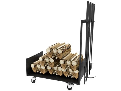 Stojan na palivové dřevo Outsunny 48 x 30 x 76 cm Stojan na palivové dřevo s kolečky, lopatou, smetákem, pohrabáčem, kleštěmi, bočními háčky, stojan na palivové dřevo pro venkovní použití, vnitřní použití, kov, černý | Aosom
