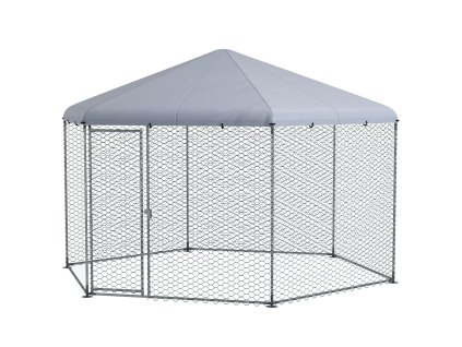 PawHut kurník 400 x 346 x 263 cm ocelový výběh pro volný chov, klec pro kuřata s krytem, dvířka, výběh pro 10-15 kuřat, malá zvířata, šedá | Aosom