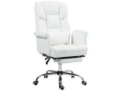 Kancelářská židle HOMCOM, ergonomická kancelářská židle s funkcí polohování, bederní polštář, výškově nastavitelná židle k počítači s podnožkou, otočná funkce, pro domácí kancelář, koženka, bílá | Aosom