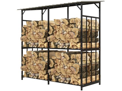 Venkovní regál na palivové dřevo Outsunny, přístřešek na dřevo 1,17 m³ s krytem, nosnost 100 kg, ocel, 186 x 75 x 185 cm, černý