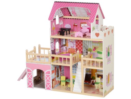 AIYAPLAY Dřevěný domeček pro panenky, domeček na hraní se 3 patry, 13 kusů nábytku, odnímatelná garáž, skluzavky a balkon, výška 92,1 cm Domeček pro panenky pro děti od 3 do 6 let, růžový