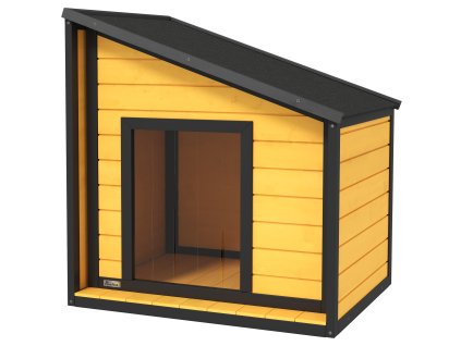 PawHut dřevěná bouda pro psy, bouda pro psy s otevírací asfaltovou střechou a dveřním závěsem, venkovní bouda pro psy, malá bouda pro malé psy, venkovní, odolná proti povětrnostním vlivům, žlutá, 71 x 58 x 53/77 cm