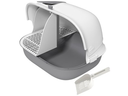 PawHut kočičí toaleta s víkem, záchůdek se sítkem, dvířky, lopatkou, uzavřený kočičí záchod pro malé kočky do 3,5 kg, vnitřní, plast, světle šedá barva