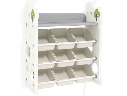 AIYAPLAY Dětský regál 4-patrový regál na hračky s 9 vyjímatelnými boxy, police, háčky, regál do dětského pokoje, do školky, herny, 77 x 42 x 94 cm, krémově bílý