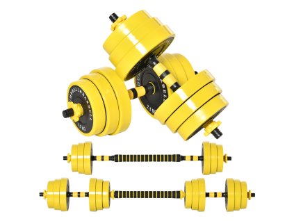 HOMCOM 25 kg činkový set 3 v 1 nastavitelný ergonomický s 12 talíři 2 krátké tyče a 1 dlouhá tyč ve žlutočerné barvě pro fitness |