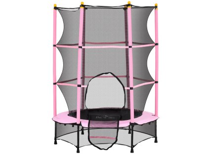 HOMCOM dětská trampolína Ø140 cm, trampolína s ochrannou sítí, kryt hran, zahradní trampolína pro děti 3-10 let, max. zatížení 50 kg, růžová barva
