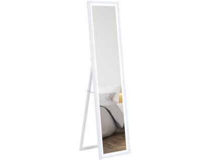 HOMCOM Celoplošné zrcadlo 40 x 160 cm, stojací zrcadlo s LED osvětlením, nástěnné zrcadlo s dotykovým ovládáním, podlahové zrcadlo do ložnice, obývacího pokoje, bílé provedení