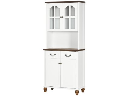 HOMCOM Kuchyňská skříňka, 76x38x182cm, kuchyňský bufet se 2 zásuvkami, vysoká skříňka s otevřeným prostorem, vitrína s funkcí tichého zavírání, bílá| Aosom