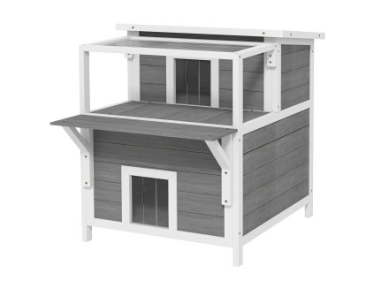 PawHut kočičí jeskyně, kočičí bouda z jedlového dřeva, kočičí domek s balkonem, vchody, pro kočky do 5 kg, venkovní, 64 x 87 x 76 cm, světle šedá