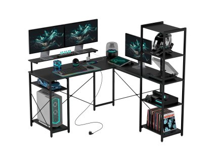 HOMCOM Psací stůl, počítačový stůl ve tvaru L 137 x 140 x 139,5 cm Rohový psací stůl se 6 policemi, kancelářský stůl s podstavcem na monitor, USB, zásuvka, pro domácí kancelář, kancelář, černý