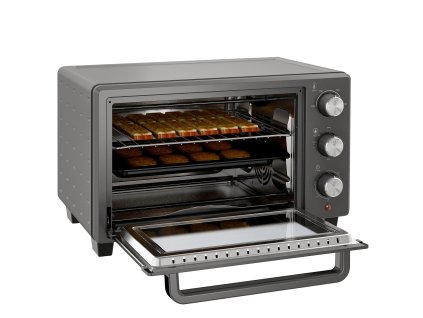 HOMCOM Mini trouba 21L 1400W 60 min. časovač, malá trouba s nastavitelnou dobou pečení 100 °C-230 °C, mini trouba s pečicím plechem, drátěný rošt, nerezová stolní trouba, šedá barva