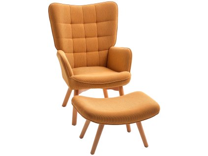 HOMCOM Křeslo s taburetem, křídlové křeslo s vysokým opěradlem, dřevěné nohy, lounge křeslo s čalouněným vzorem, manšestrový vzhled, do obývacího pokoje, hnědá barva
