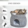 PawHut ratanový koš pro kočky elegantní kočičí bouda s polštářem a stříškou pro domácí mazlíčky z vodního hyacintu šedé barvy do obývacího pokoje | Aosom.de