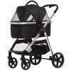 PawHut kočárek pro psy 3 v 1, do 15 kg, skládací, s brzdami, okénko ze síťoviny, autosedačka, polštářek, přepravní taška, kočárek pro kočky, polyester, černý| Aosom