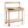 Zahradnický stůl Outsunny se zásuvkou 2 stupínky dřezová kolečka z jedlového dřeva přírodní 92x45x119cm pro milovníky zahrady | Aosom.de