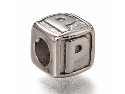 Nerezový korálek s širokým průtahem kostka písmeno P
