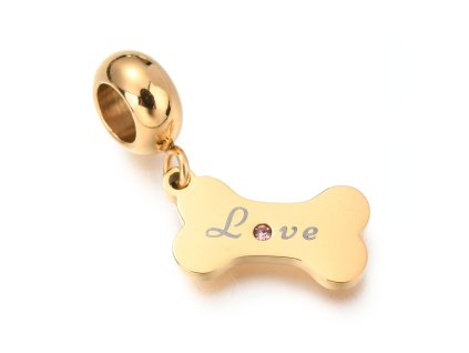 Nerezový korálek s širokým průtahem psí kost Love s kamínky