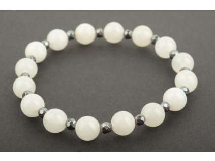 Náramek jadeit bílý 8mm s fasetovaným hematitem 4mm