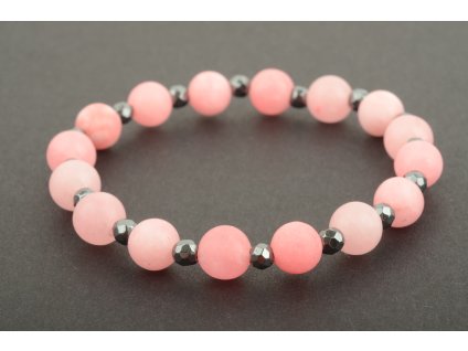 Náramek jadeit růžový matný 8mm s fasetovaným hematitem 4mm