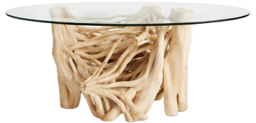 Teak root console table with decorative vase