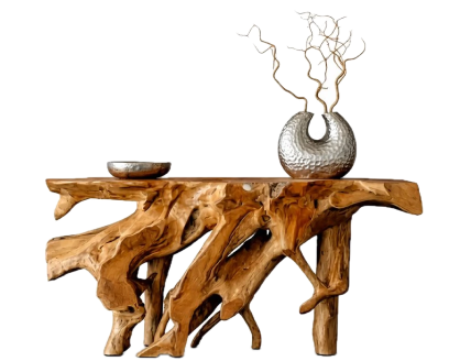 Round bleached teak root coffee table with glass top