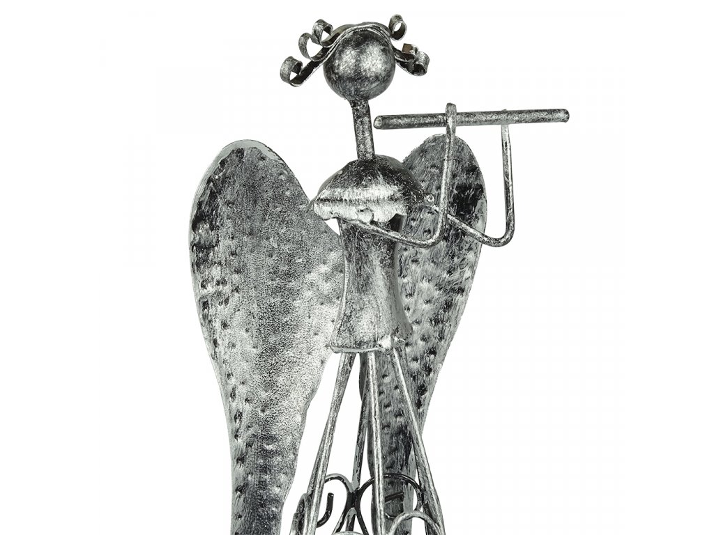 Plechový anděl s flétnou a otvorem na svíčku - 44 cm