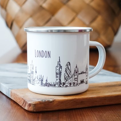 Bílý smaltovaný plecháček památkami Londýna a nápisem London 360ml
