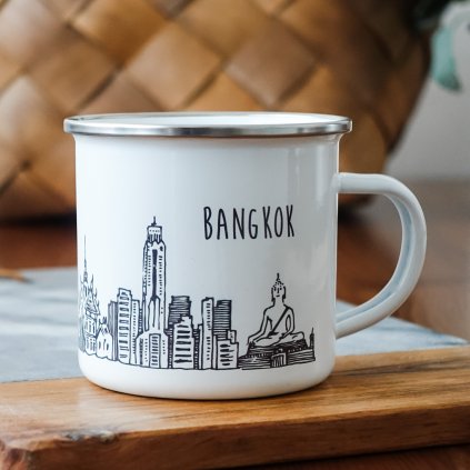 Bílý smaltovaný plecháček památkami Bangkoku a nápisem Bangkok 360ml