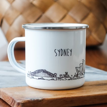 Bílý smaltovaný plecháček památkami Sydney a nápisem Sydney 360ml