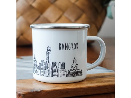 11896 bily smaltovany plechacek pamatkami bangkoku a napisem bangkok 360ml